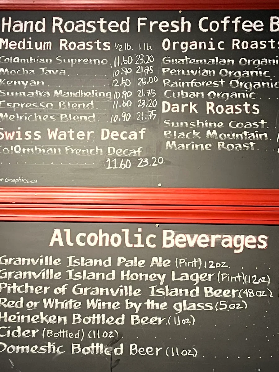 Menu, Melriches Coffeehouse