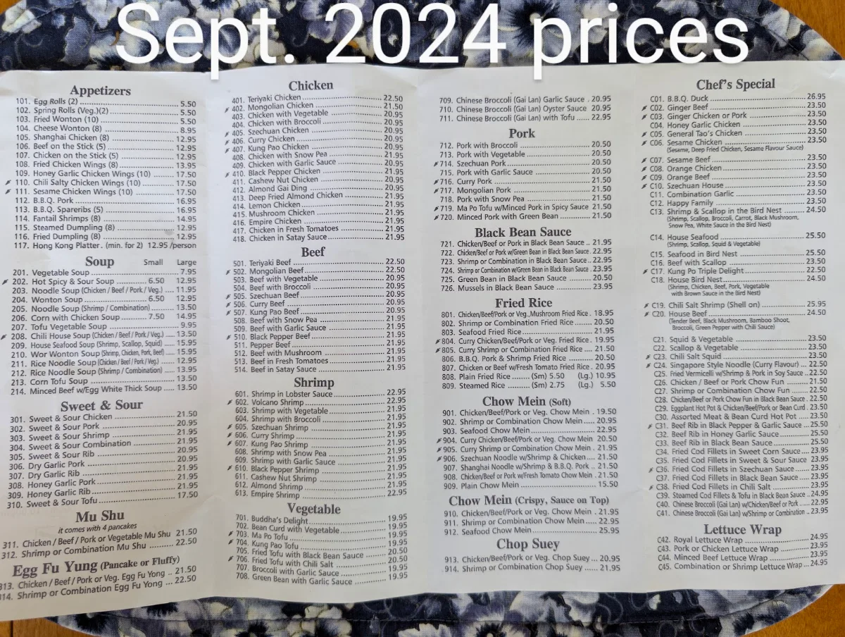 Menu, Bayview Szechuan Chinese Restaurant