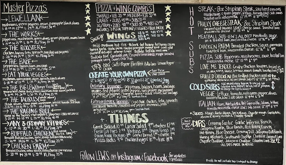 Menu, LEW’S pizza+wings+things