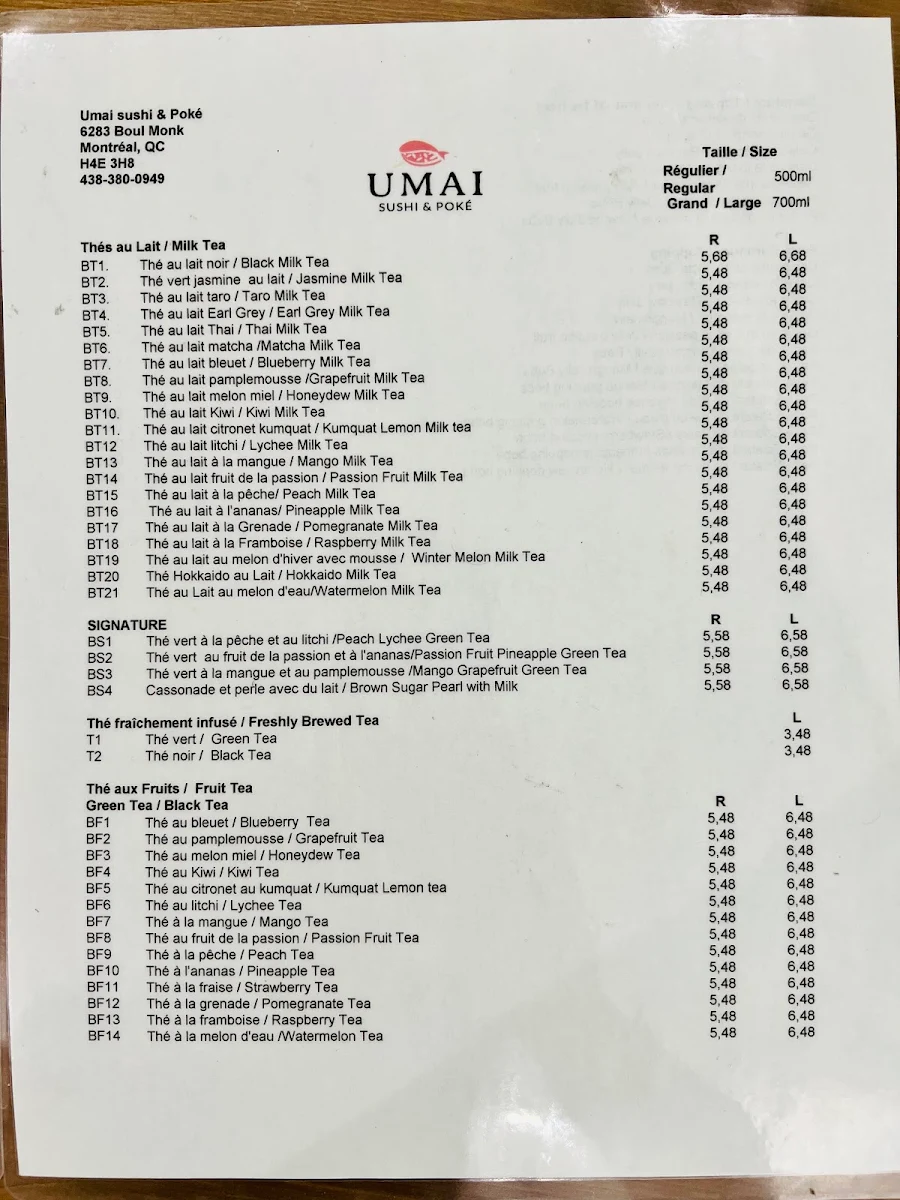 Menu, Umai Sushi & Poké