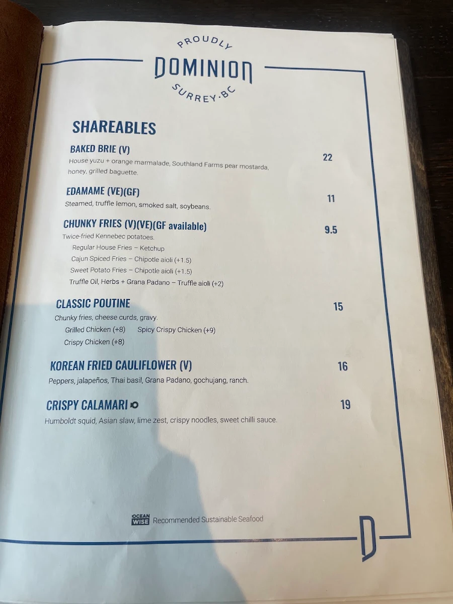 Menu, Dominion Bar + Kitchen