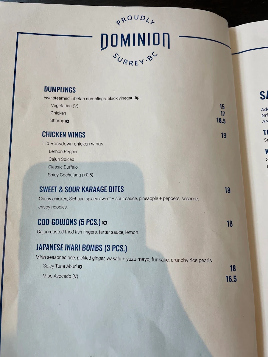 Menu, Dominion Bar + Kitchen