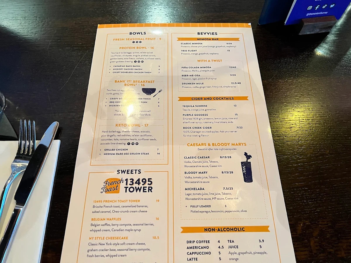 Menu, Dominion Bar + Kitchen