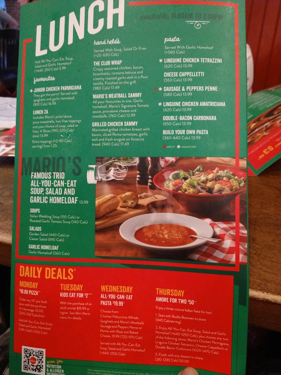 Menu, East Side Mario's