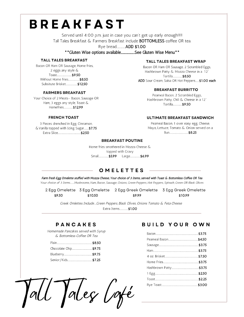 Menu, Tall Tales Cafe