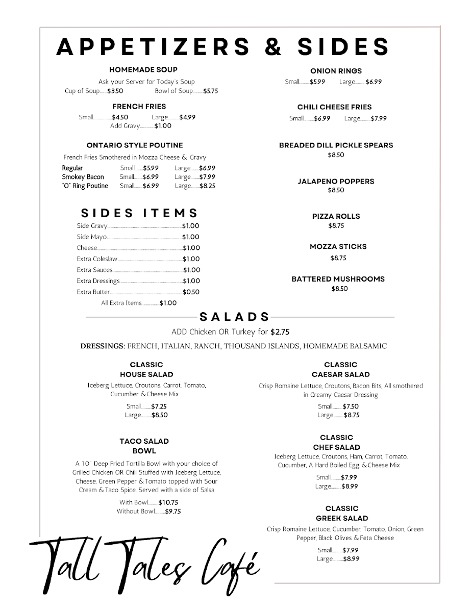 Menu, Tall Tales Cafe