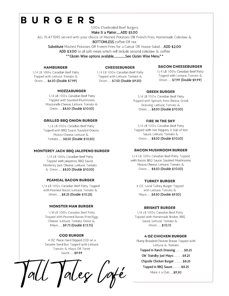 Menu, Tall Tales Cafe