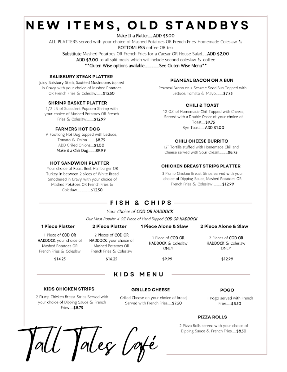 Menu, Tall Tales Cafe