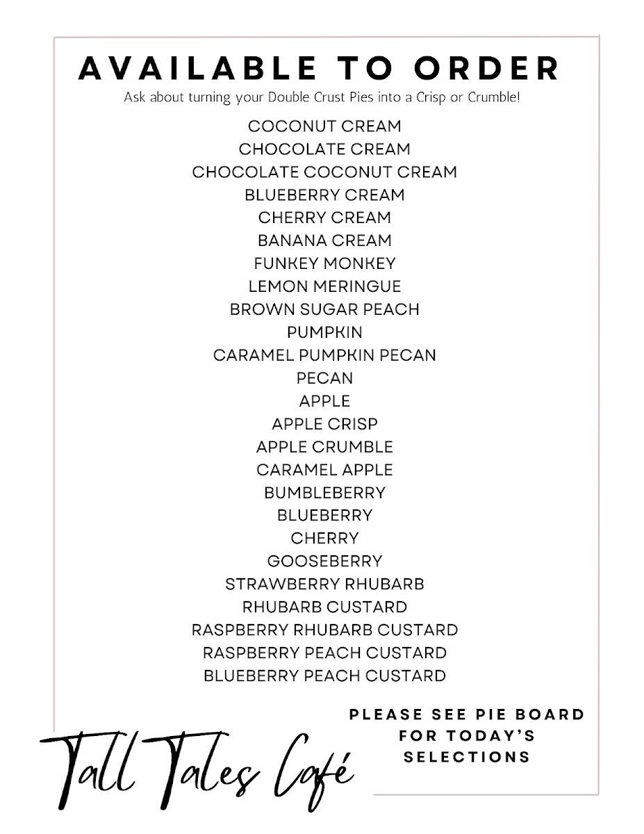 Menu, Tall Tales Cafe