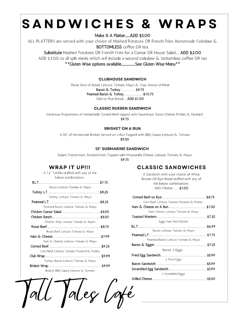Menu, Tall Tales Cafe