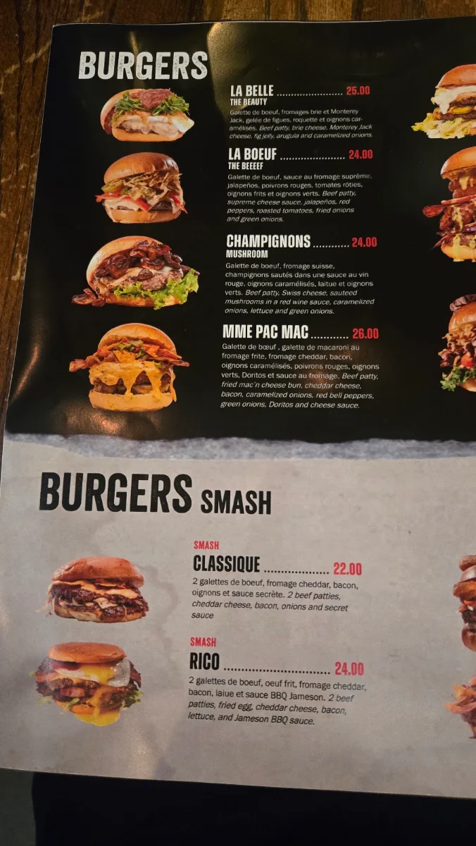 Menu, La Belle & La Boeuf - Burger Bar - Laurier