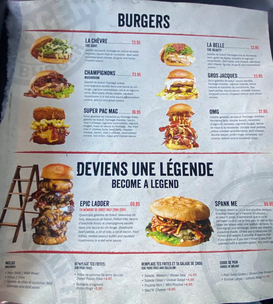 Menu, La Belle & La Boeuf - Burger Bar - Laurier