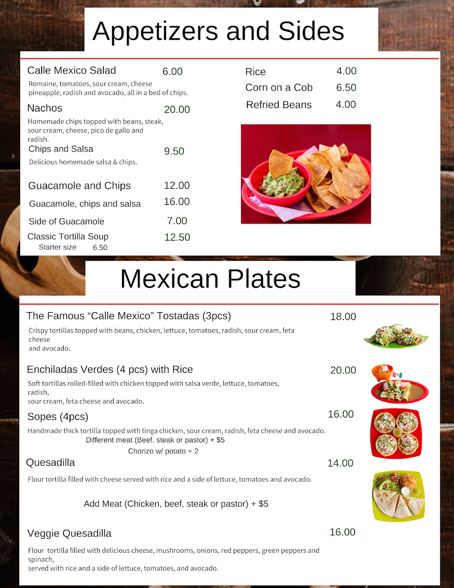 Menu, Calle México Restaurant