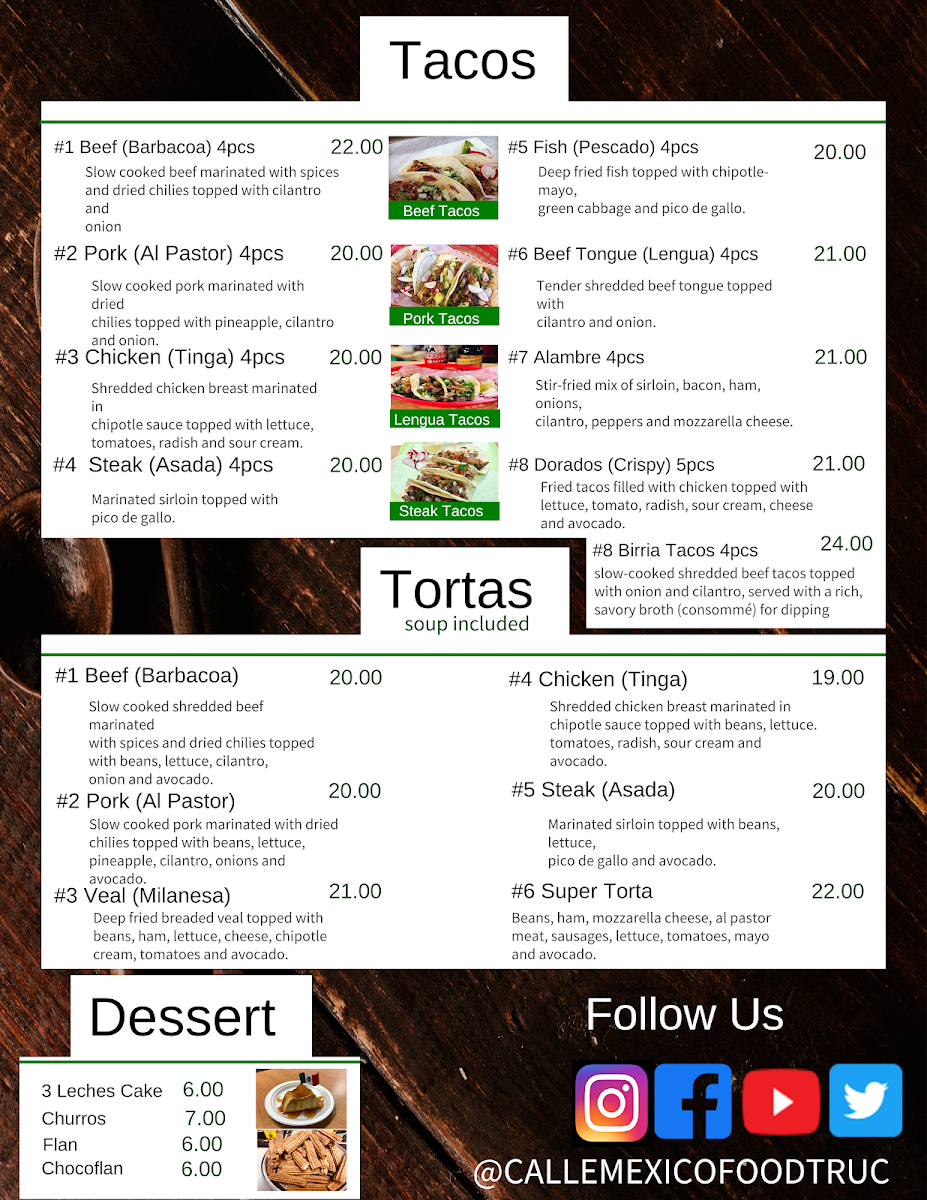 Menu, Calle México Restaurant