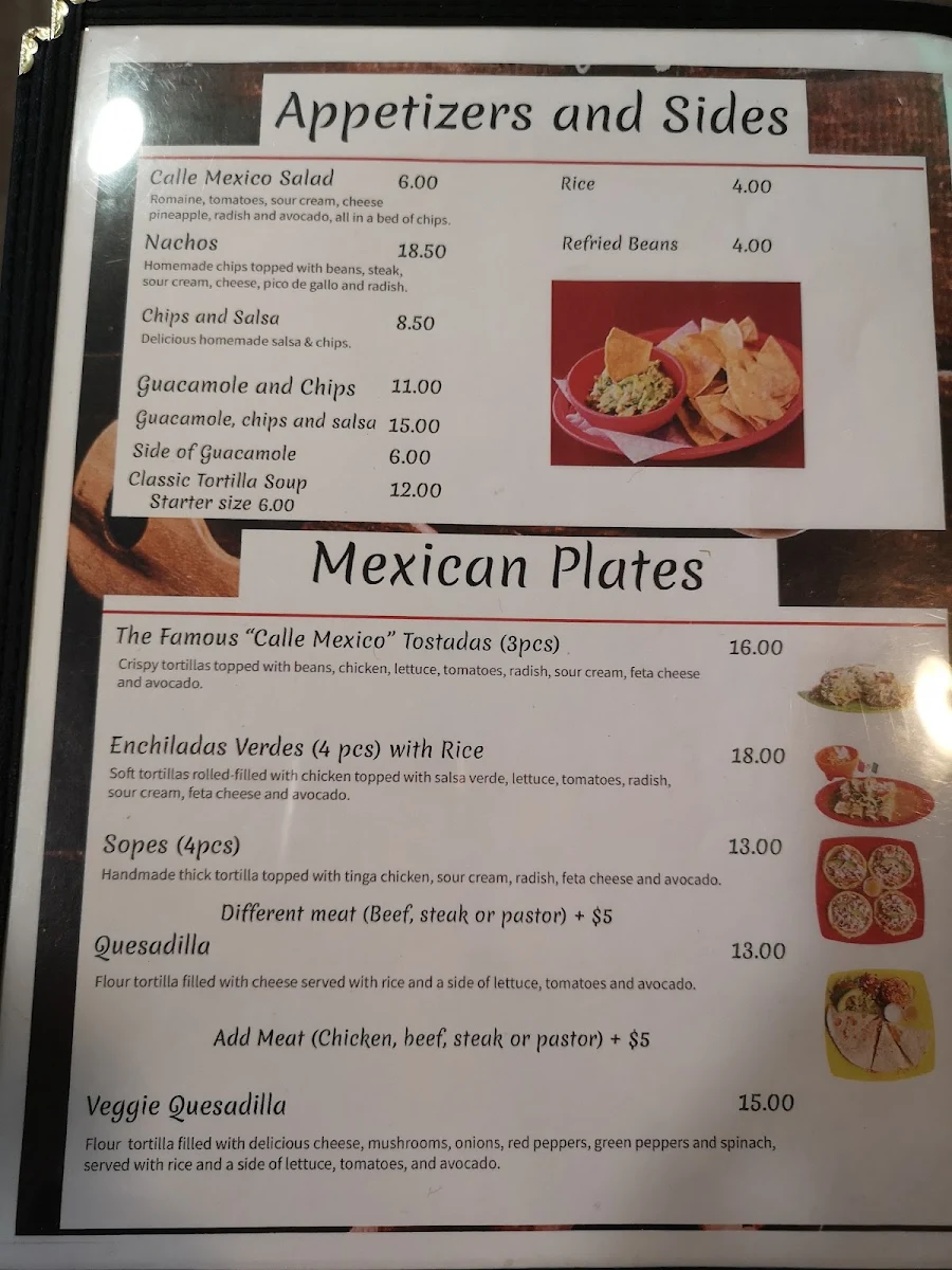 Menu, Calle México Restaurant