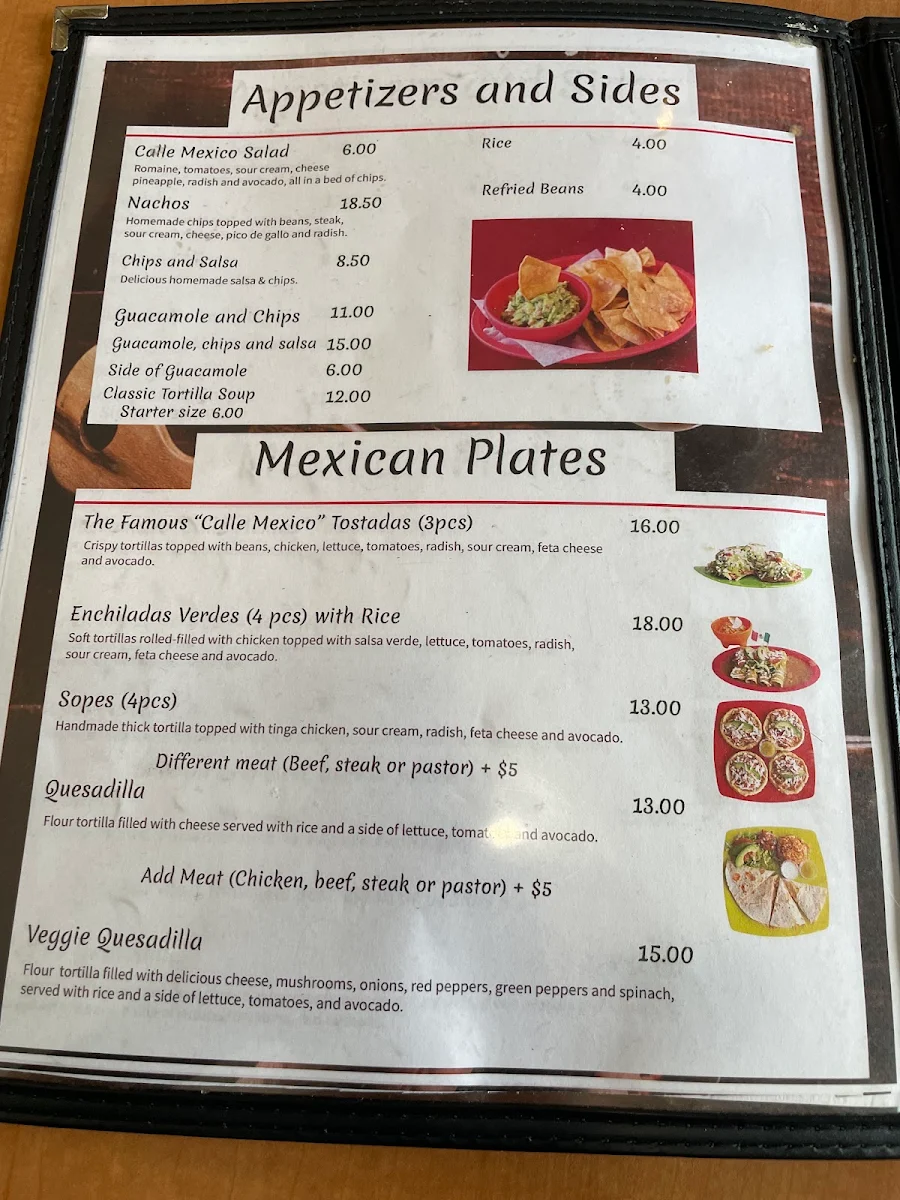 Menu, Calle México Restaurant