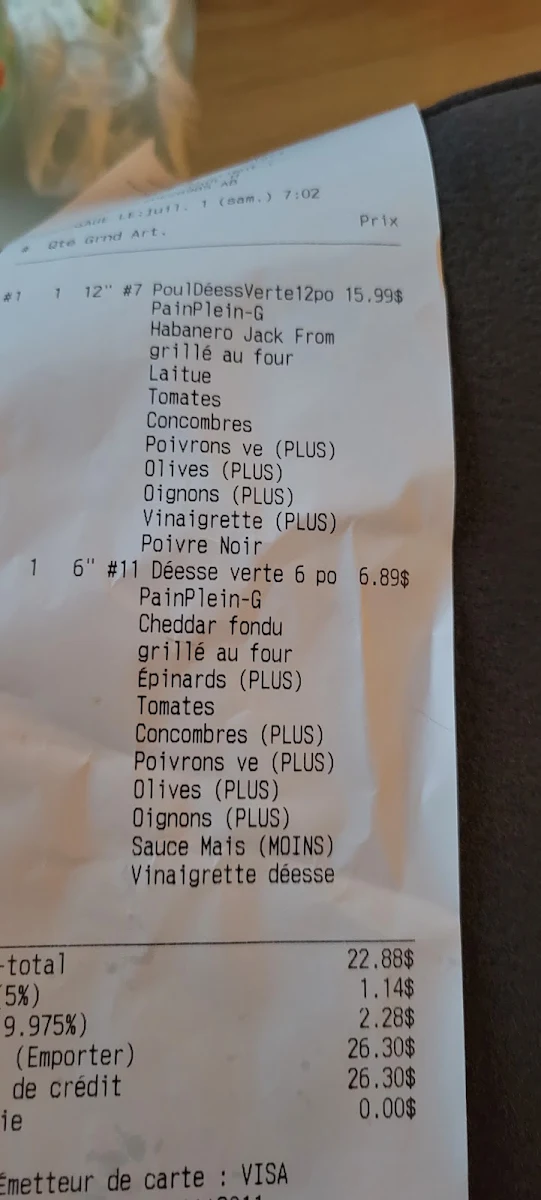 Menu, Subway
