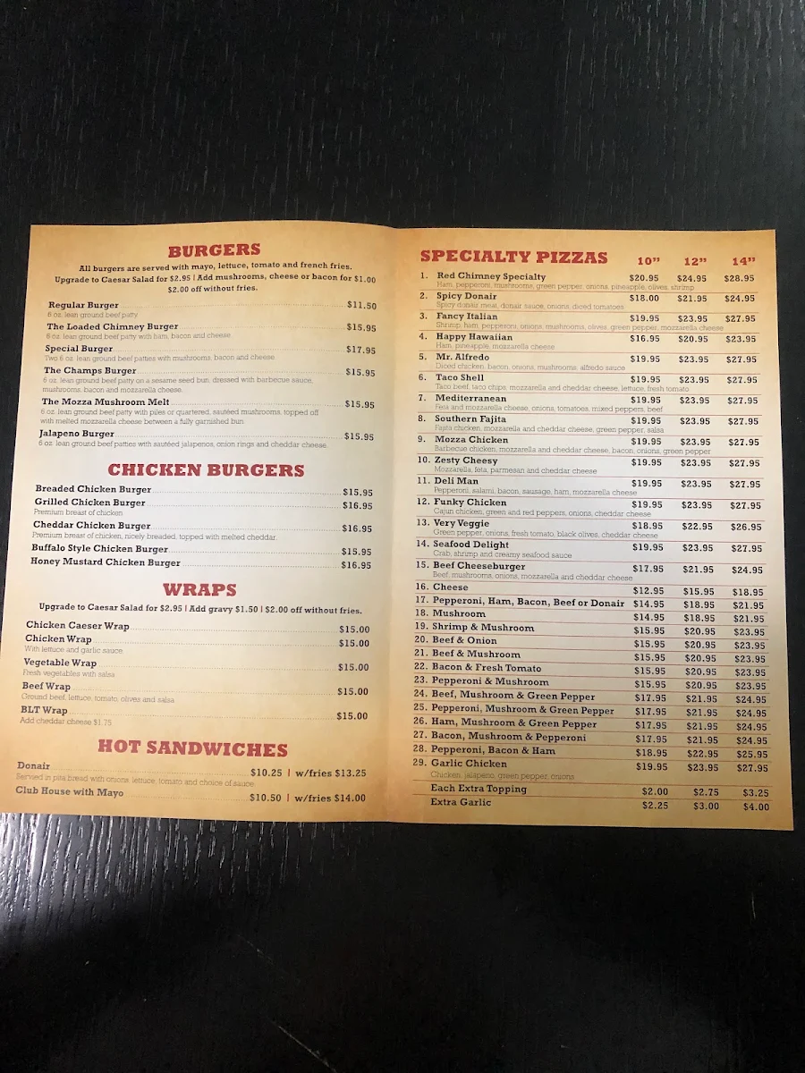 Menu, Red chimney Restaurant