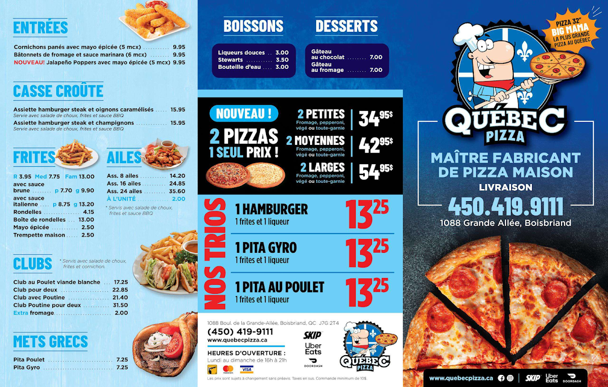 Menu, Québec Pizza