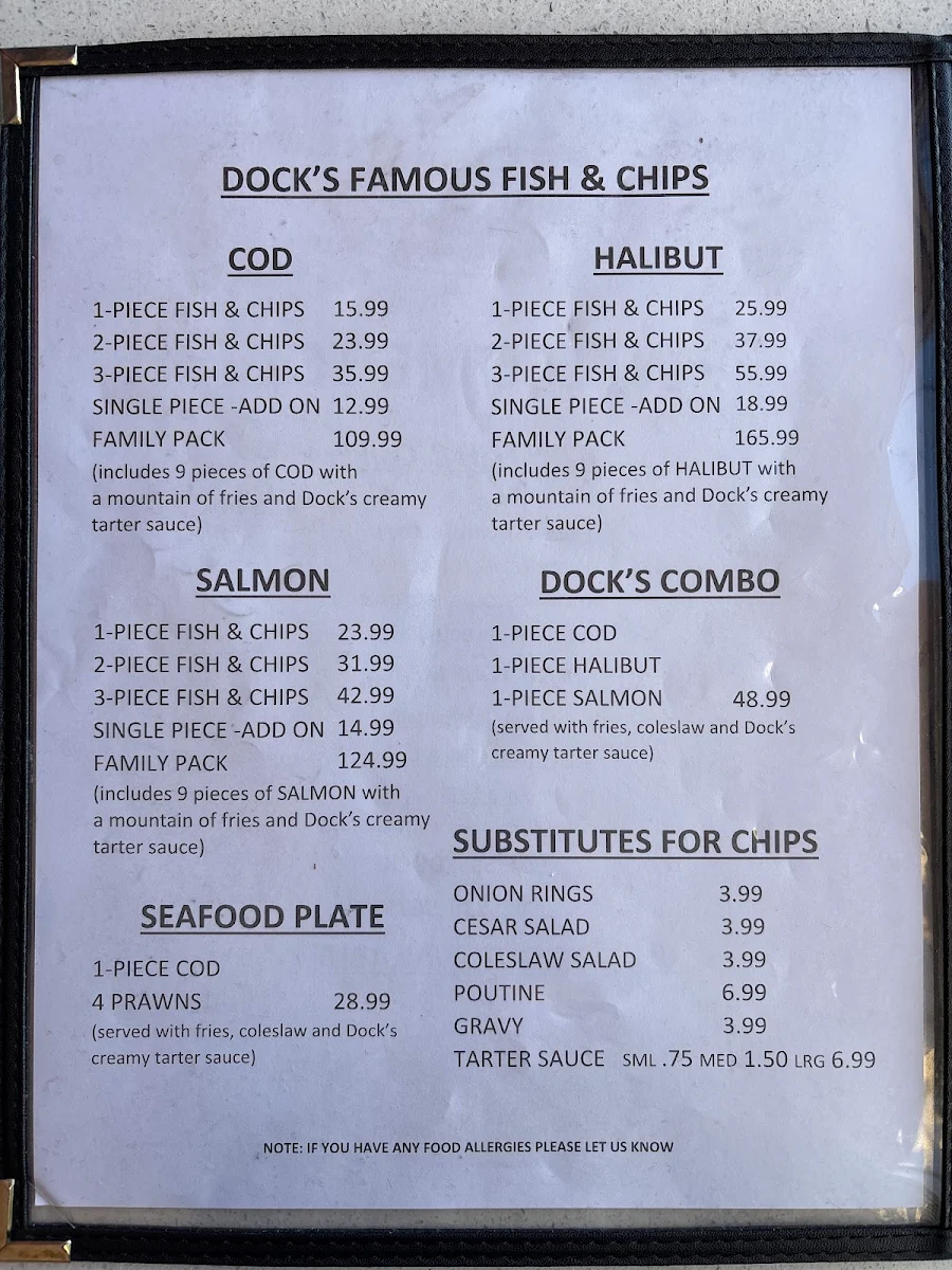 Menu, Dock's Fish and Chips