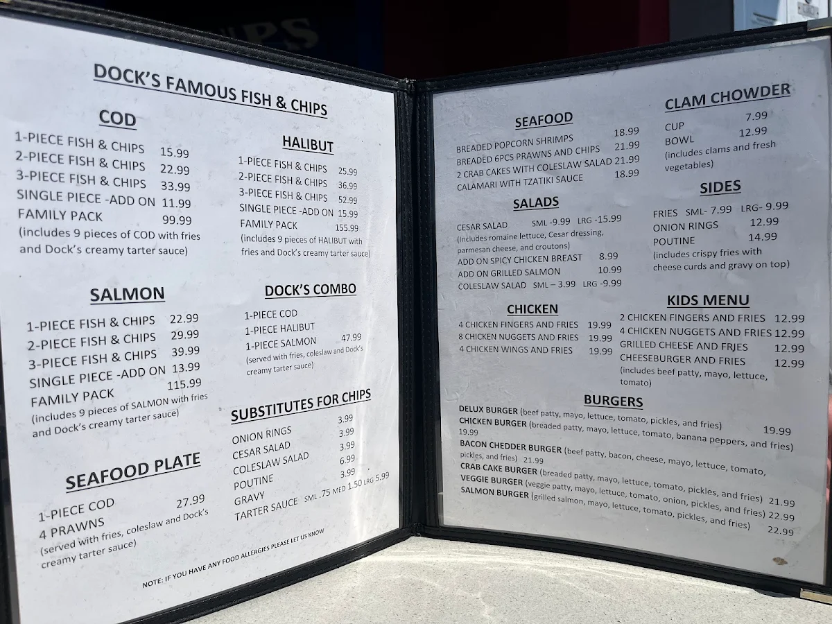 Menu, Dock's Fish and Chips