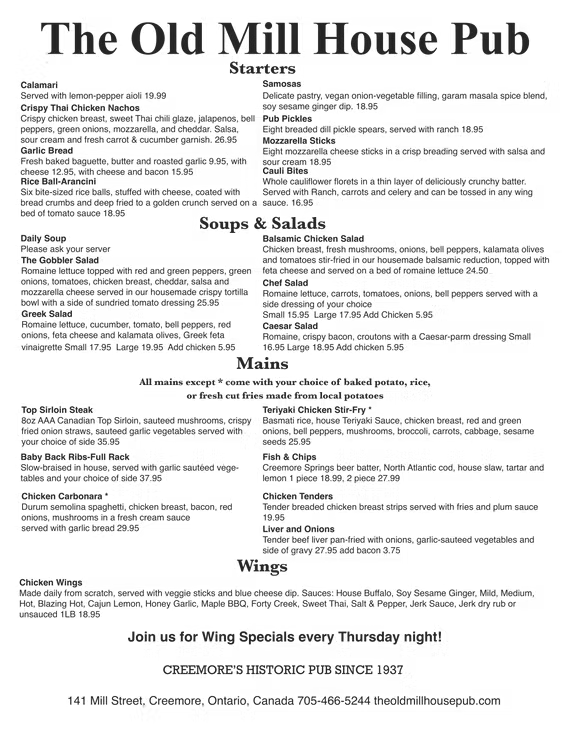 Menu, The Old Mill House Pub