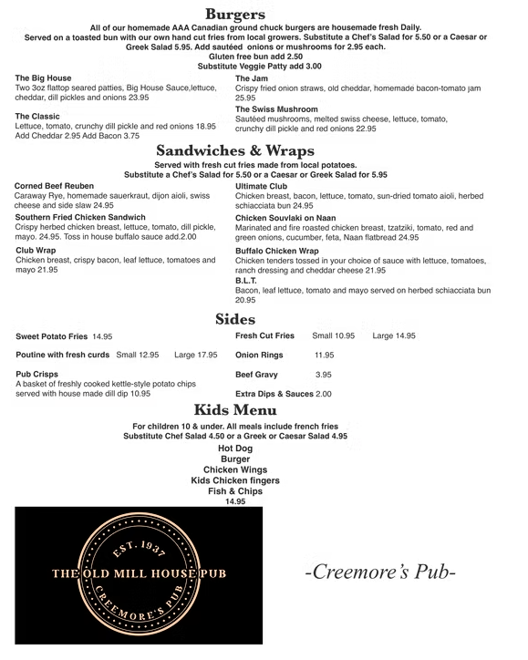 Menu, The Old Mill House Pub