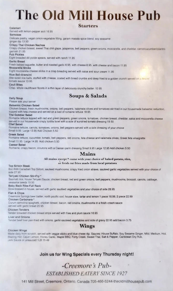 Menu, The Old Mill House Pub