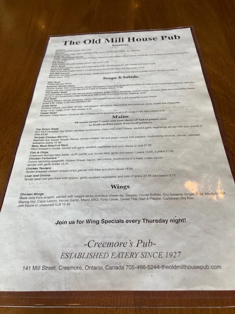 Menu, The Old Mill House Pub