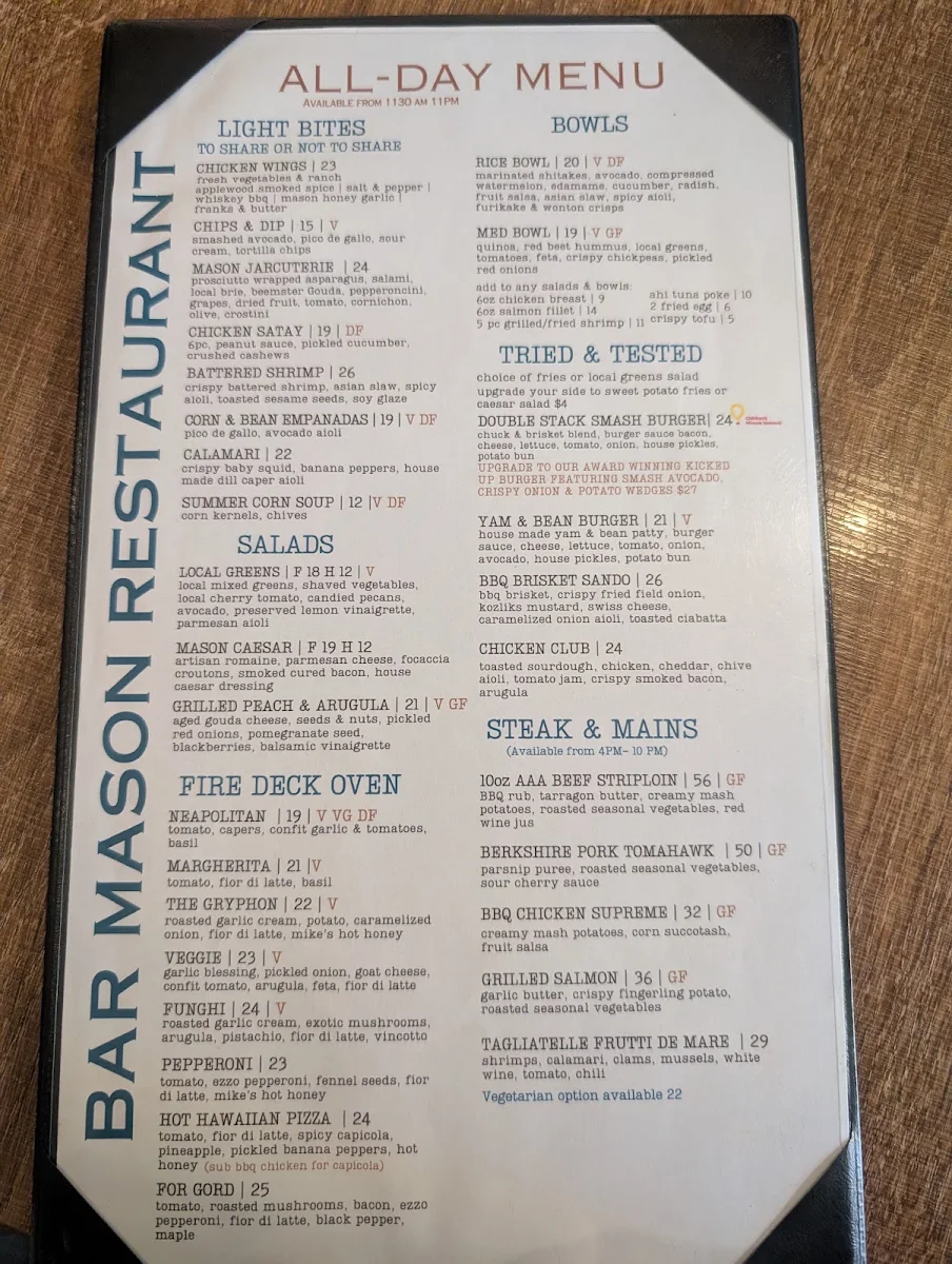 Menu, Bar Mason