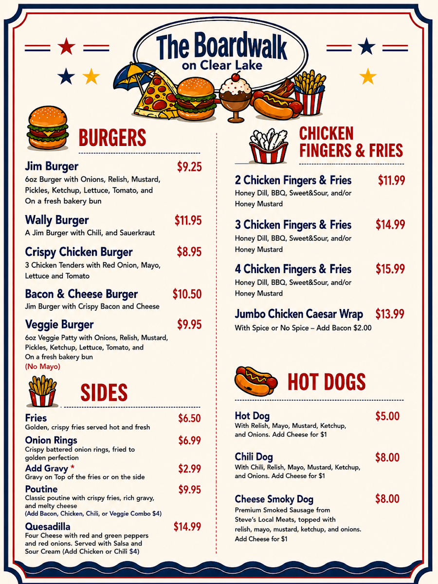 Menu, The Boardwalk on Clear Lake