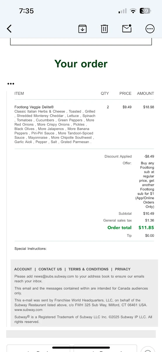 Menu, Subway