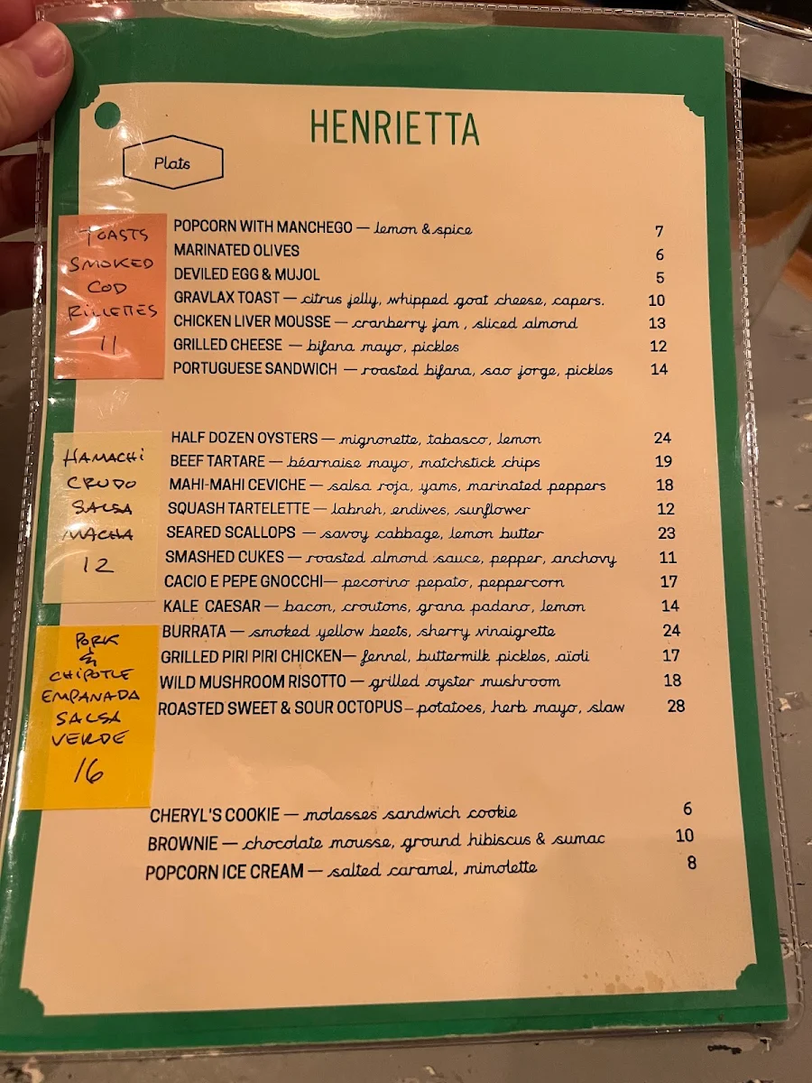 Menu, Bar Henrietta