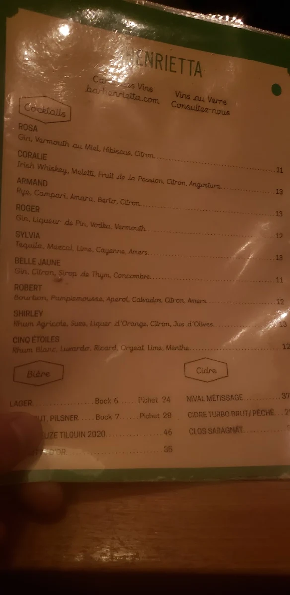 Menu, Bar Henrietta
