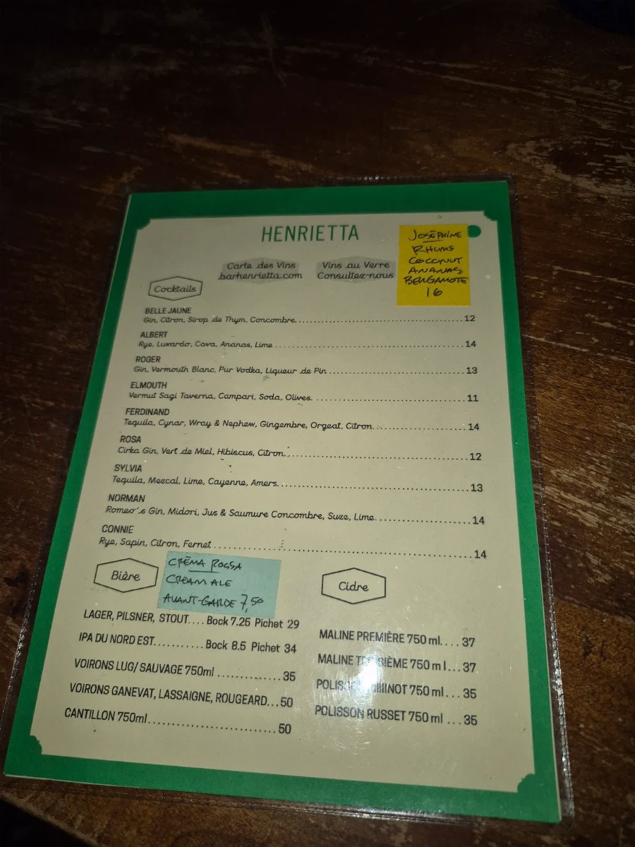 Menu, Bar Henrietta