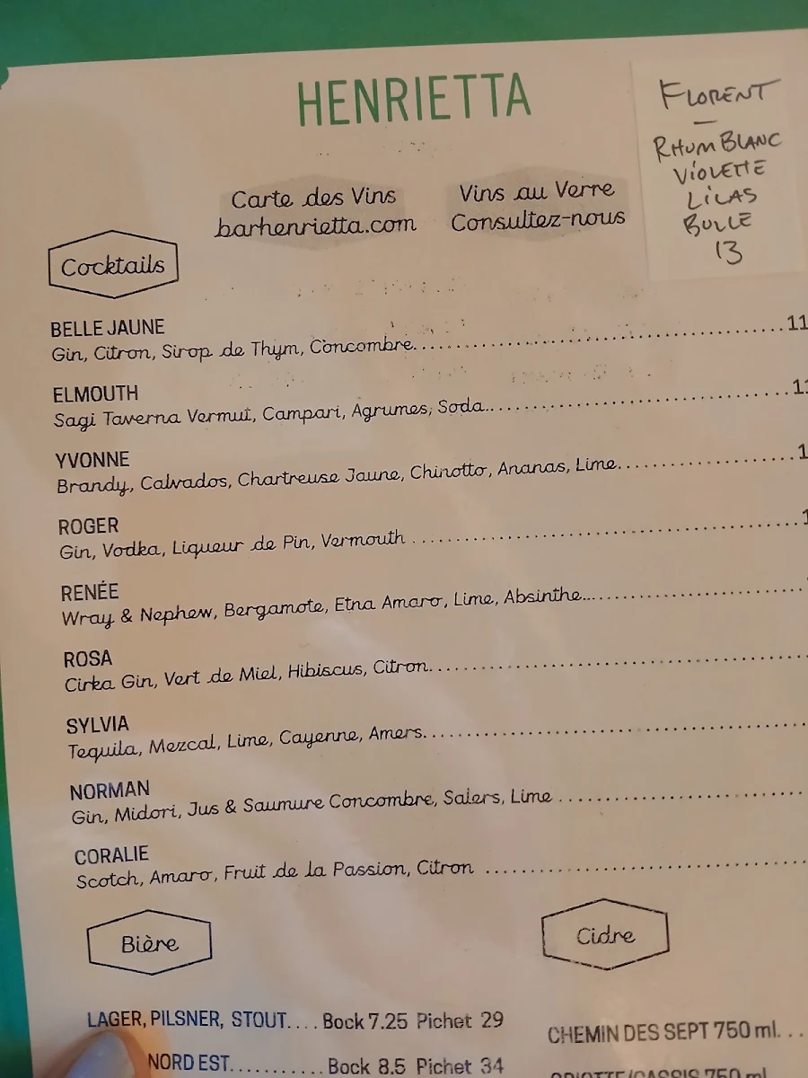Menu, Bar Henrietta
