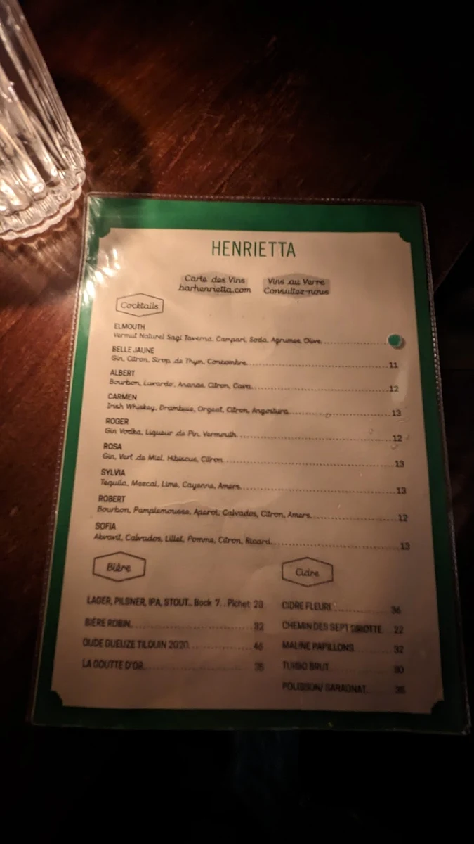 Menu, Bar Henrietta