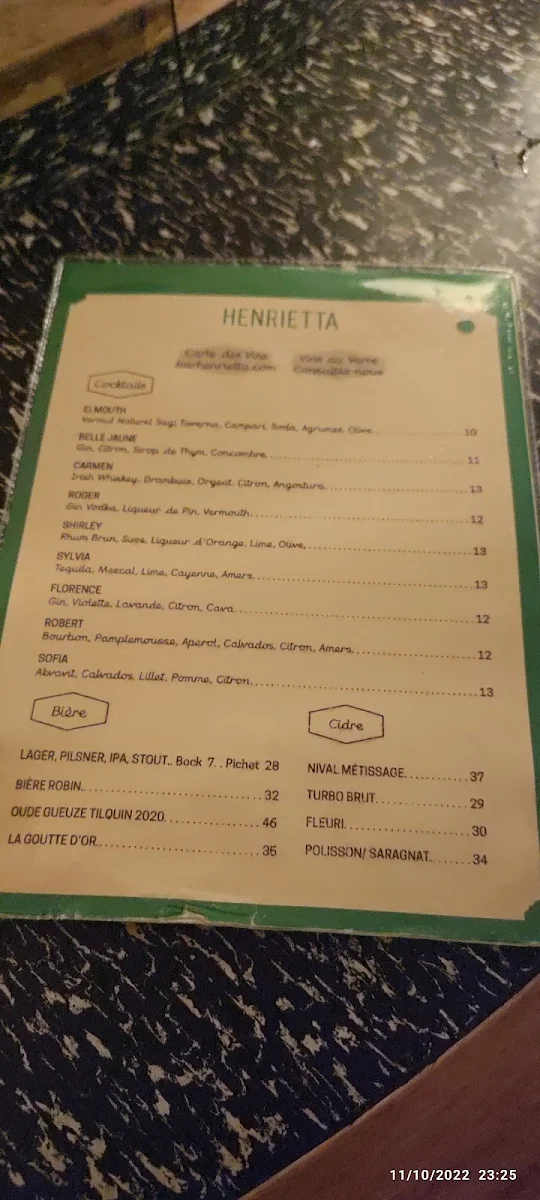 Menu, Bar Henrietta