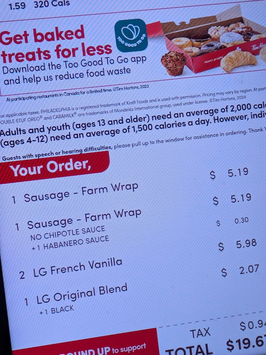 Menu, Tim Hortons