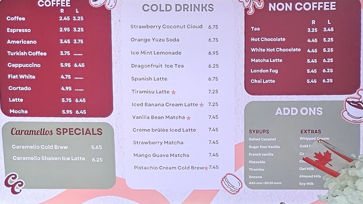 Menu, Caramello Cafe