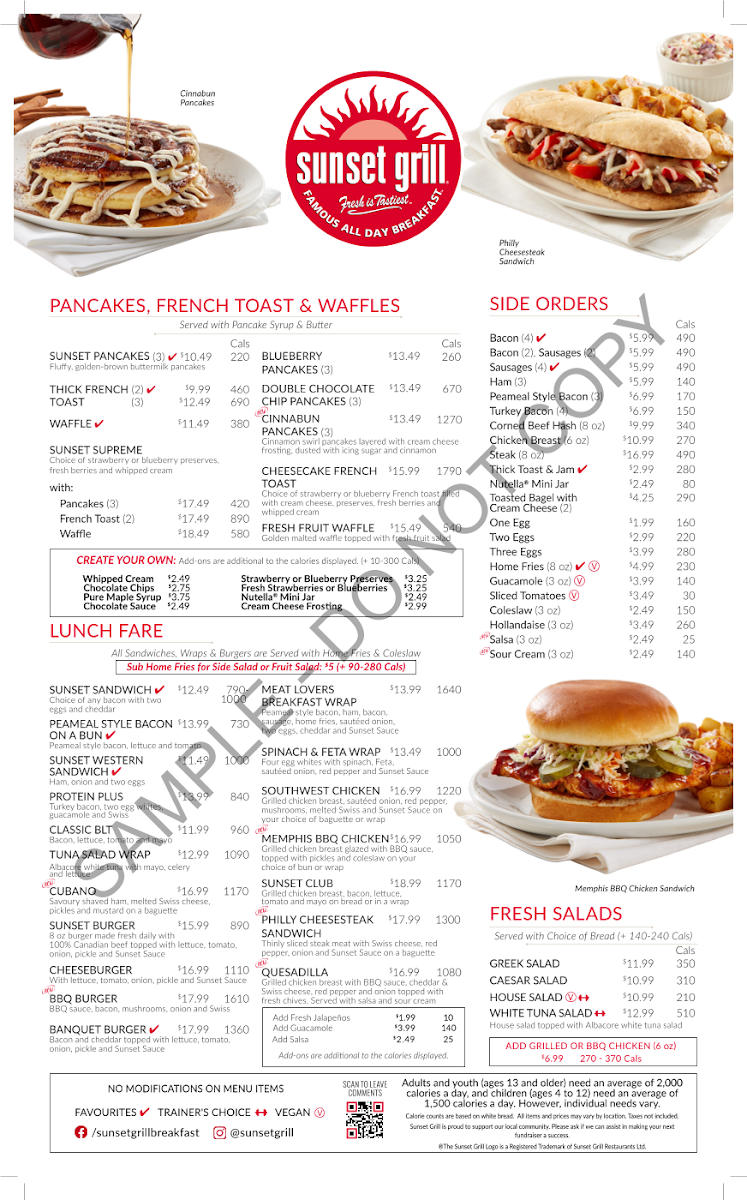 Menu, Sunset Grill
