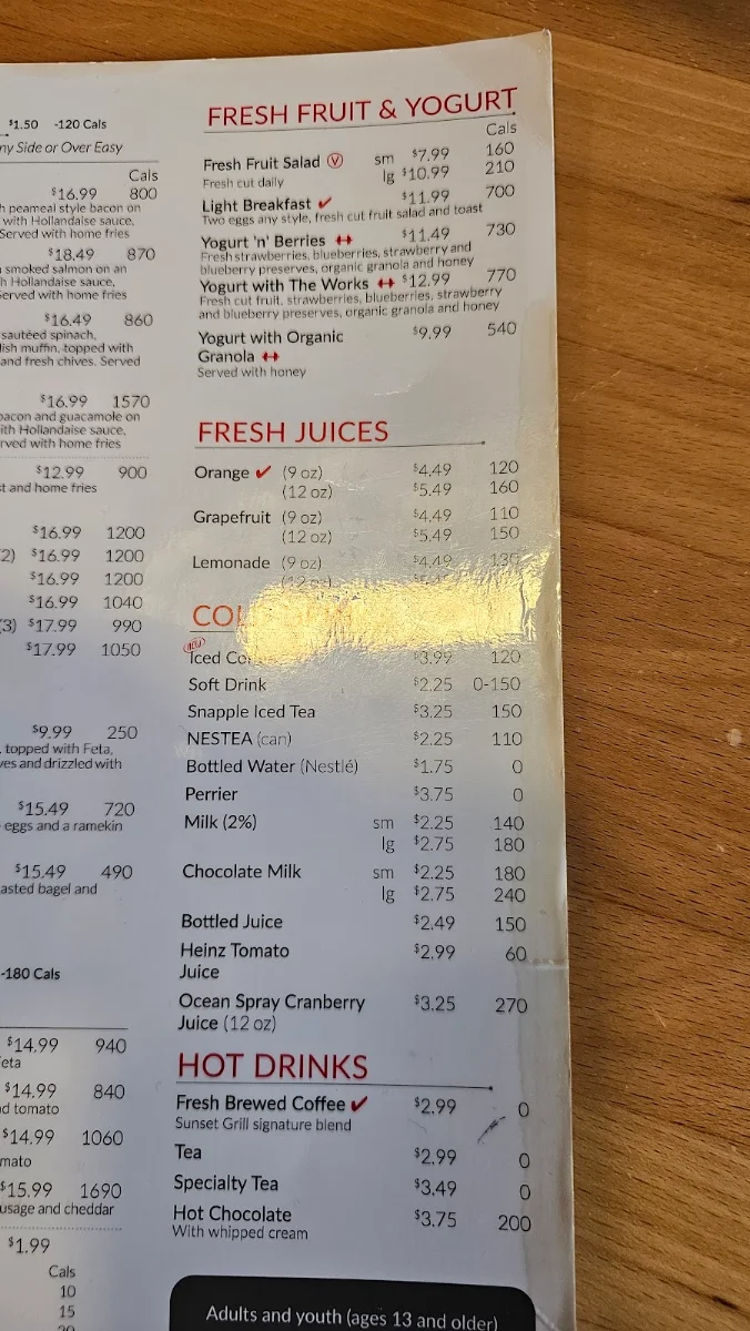 Menu, Sunset Grill