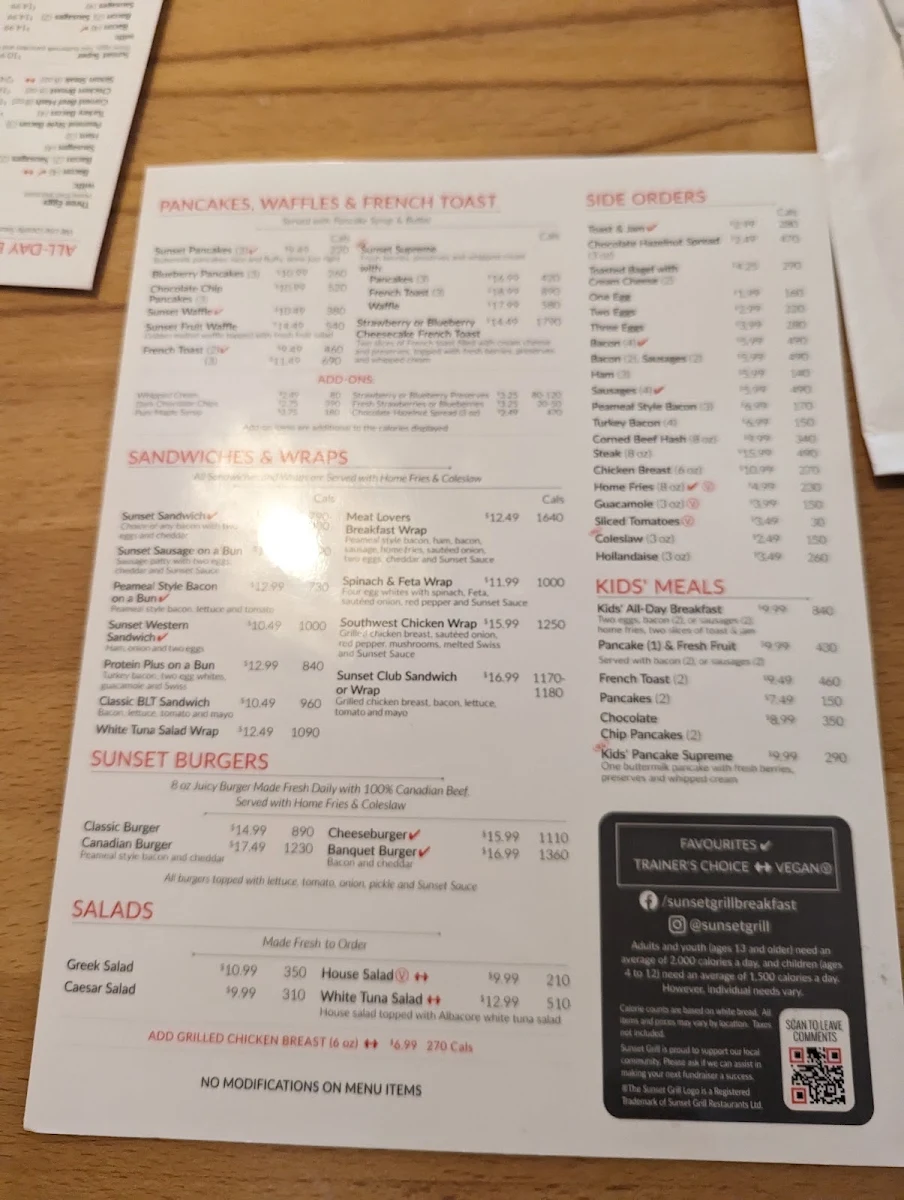 Menu, Sunset Grill