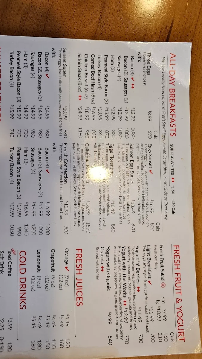 Menu, Sunset Grill