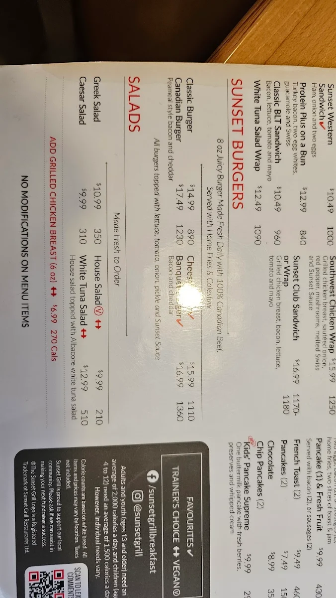 Menu, Sunset Grill