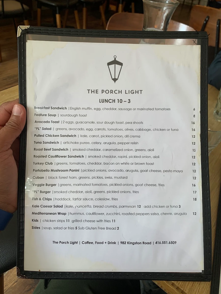 Menu, The Porch Light