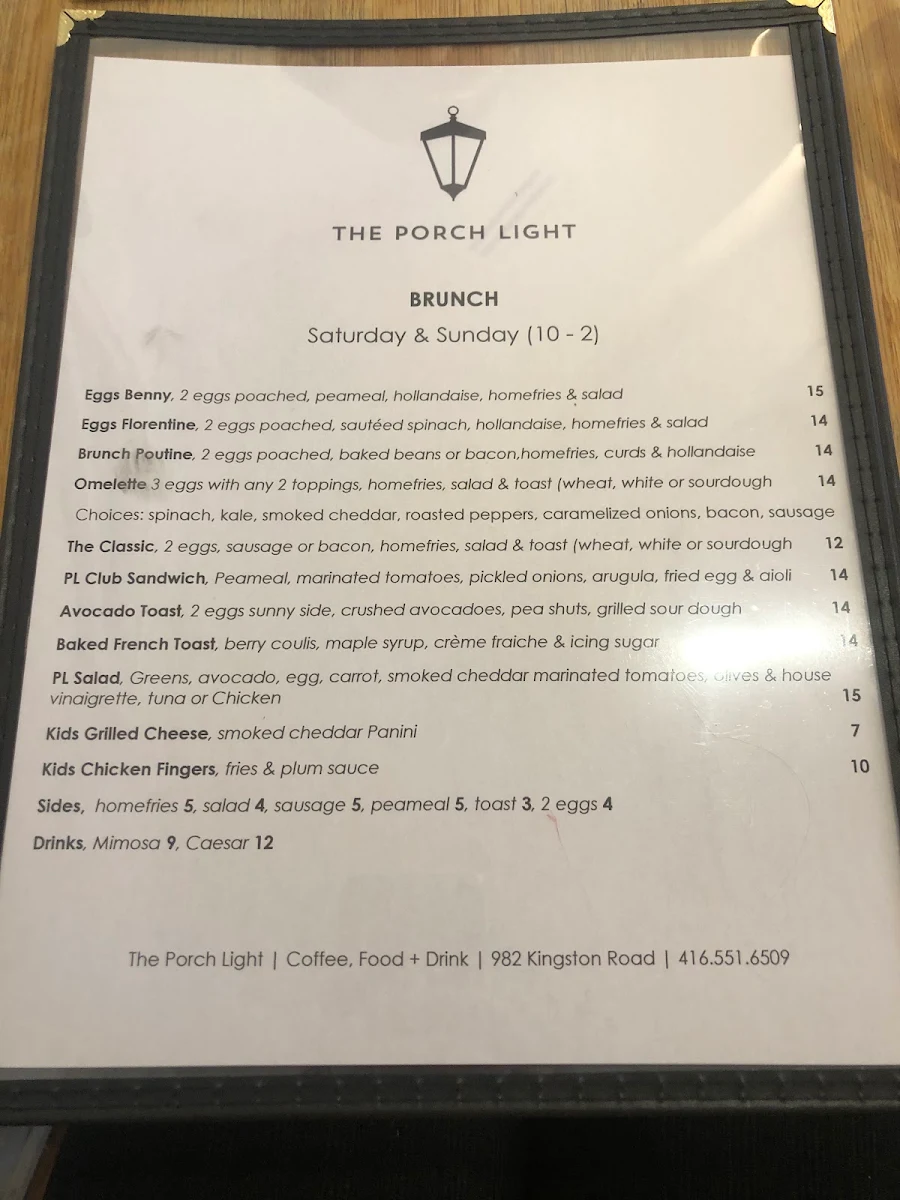 Menu, The Porch Light