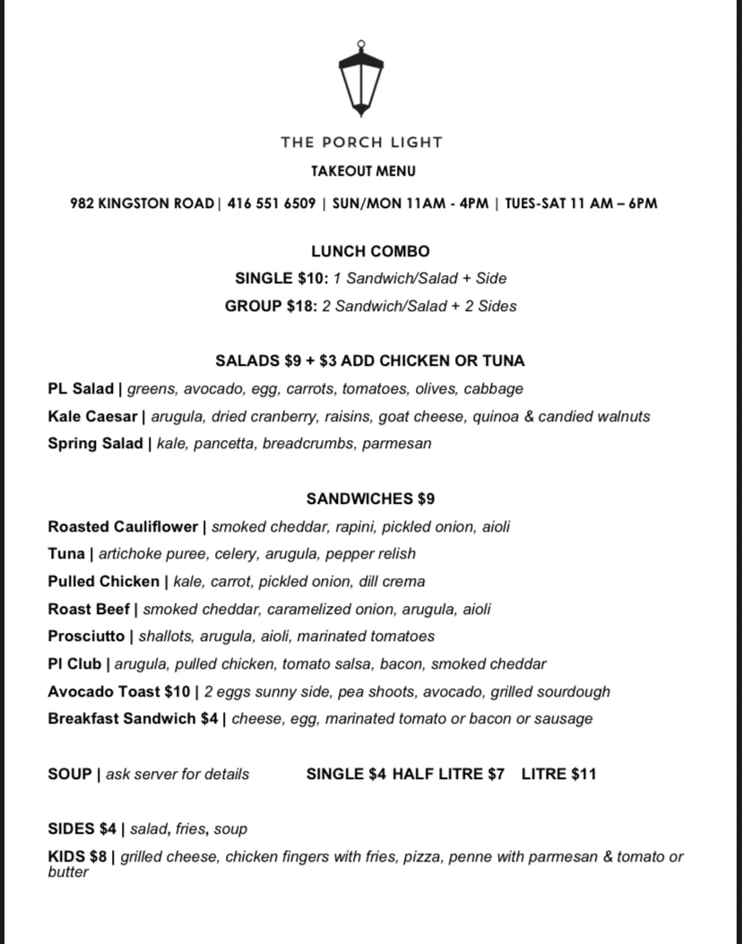 Menu, The Porch Light
