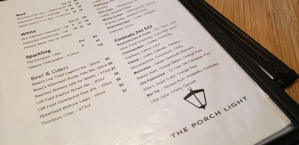 Menu, The Porch Light