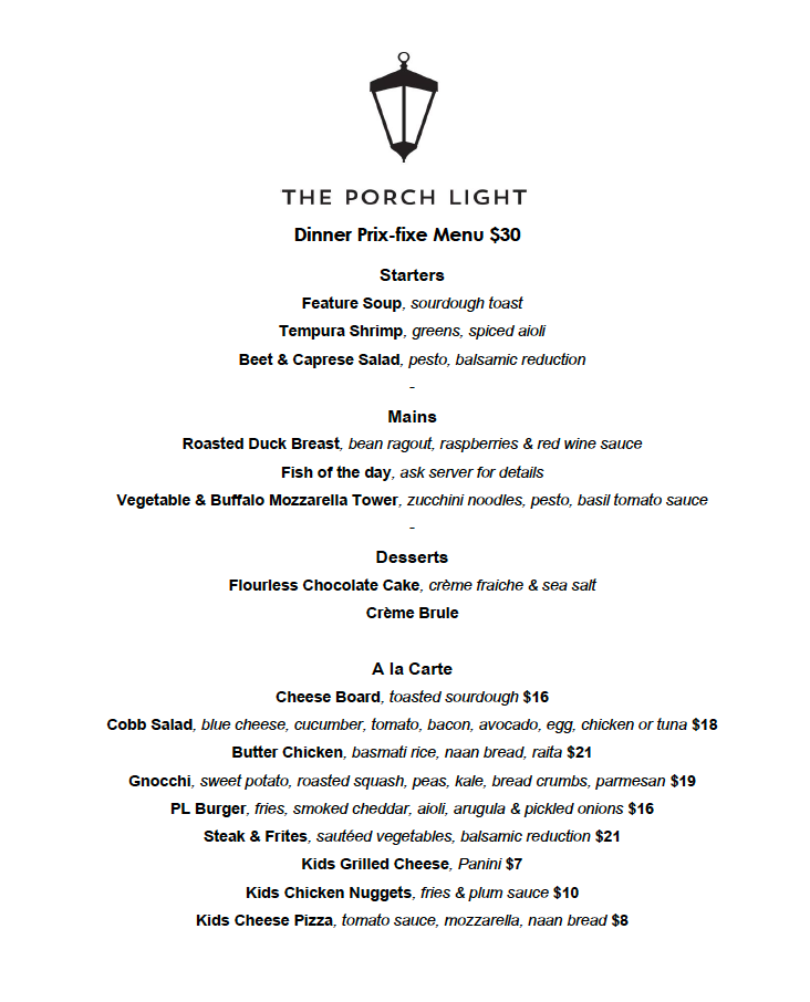 Menu, The Porch Light